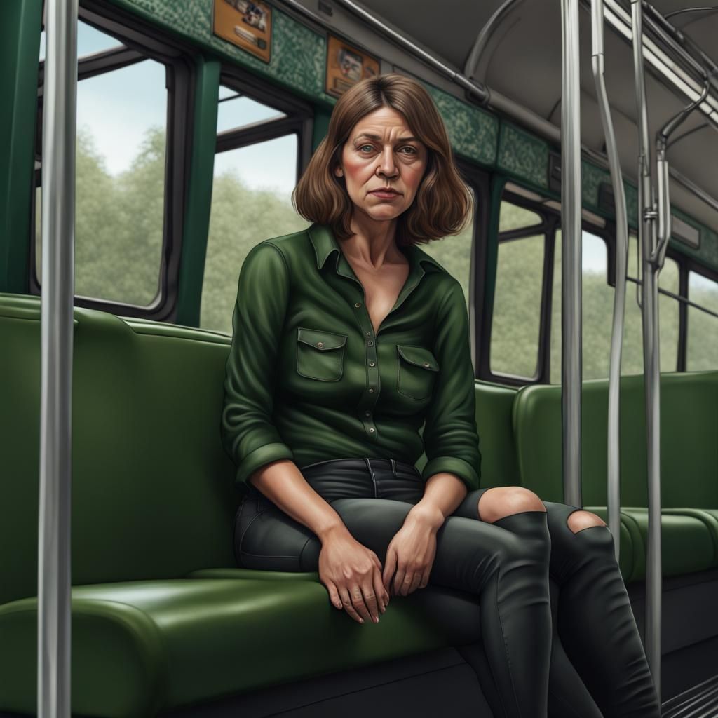 (Ugly woman) young, (no makeup), thick body, small bum, thick thighs , (bob brown hair:1.2), black jeans, forest green b...