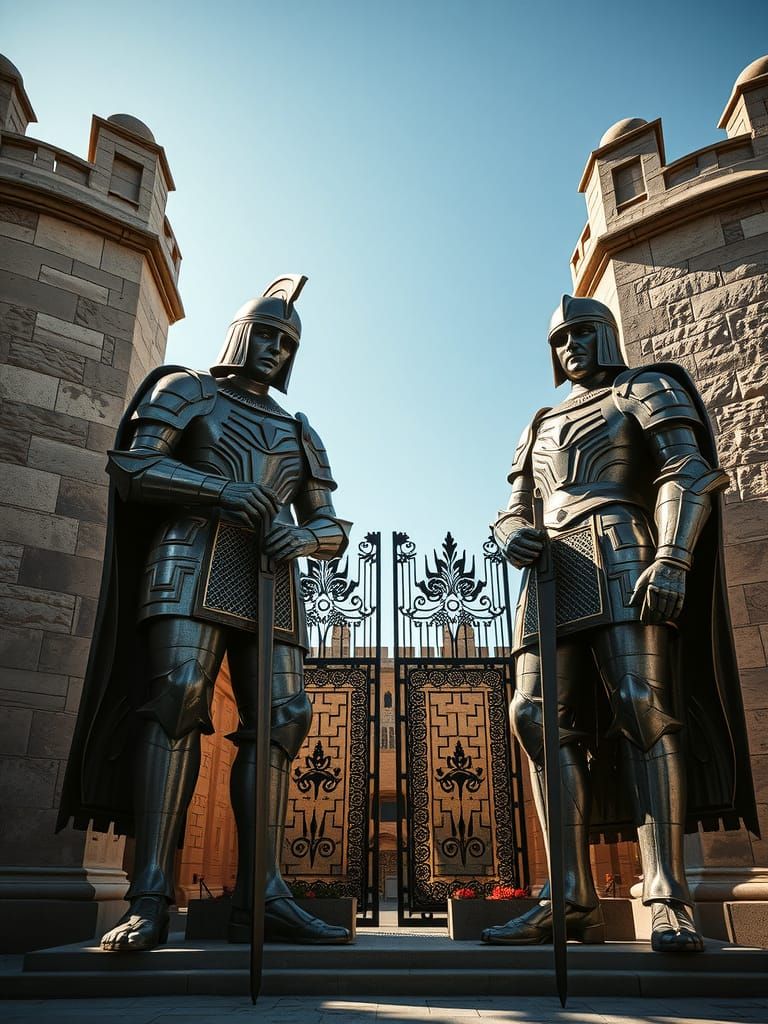 Art Deco Knight Statues Guarding Ancient City Gates