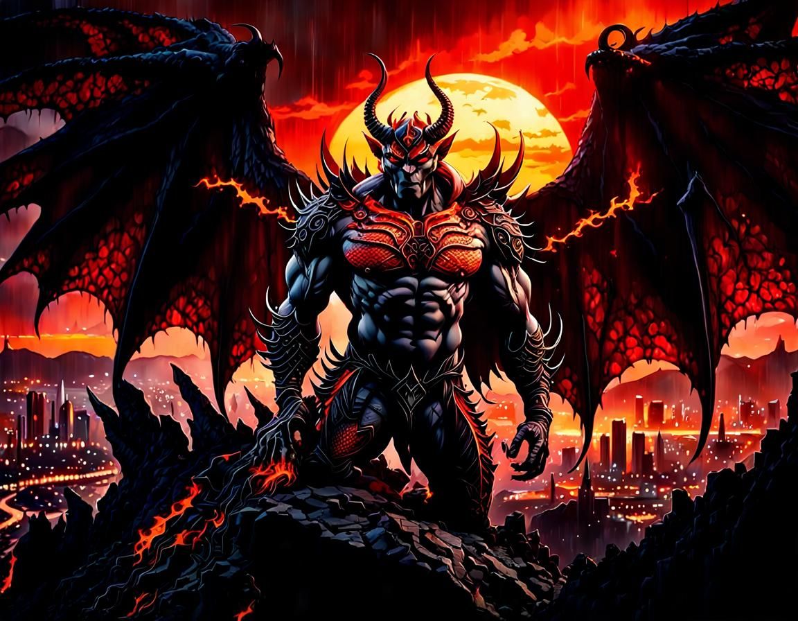 Fiery Demon Overlooks Burning City: Hyperdetailed Photograph...