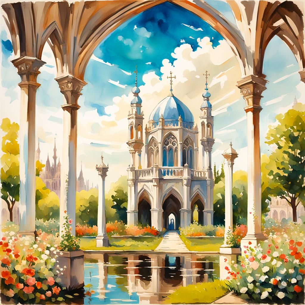 Gothic White City in Lush Flower Meadow: Gouache Painting