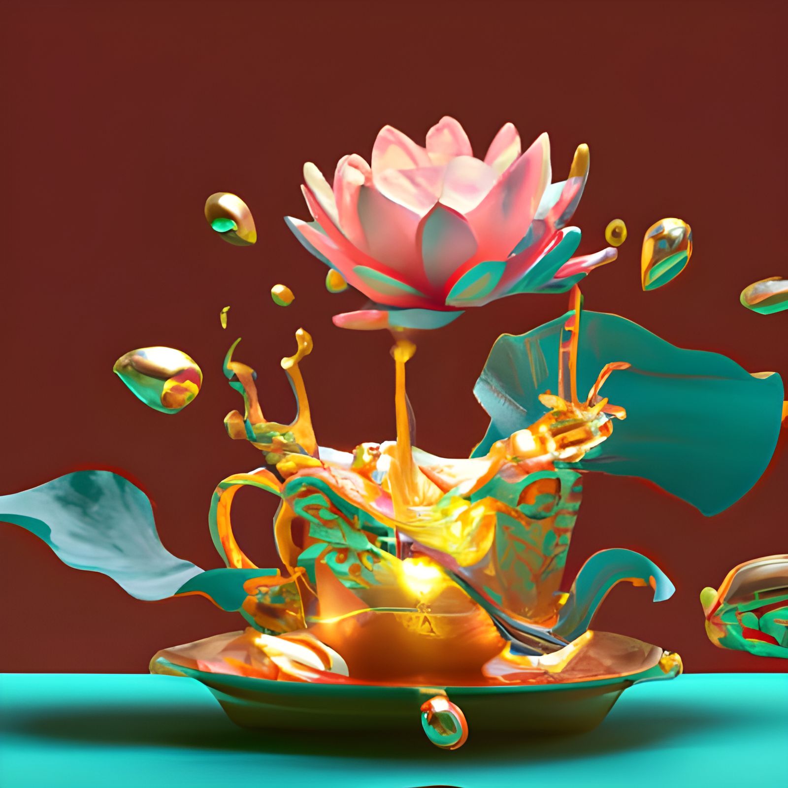 Golden Grail Underwater with Lilies in 3D