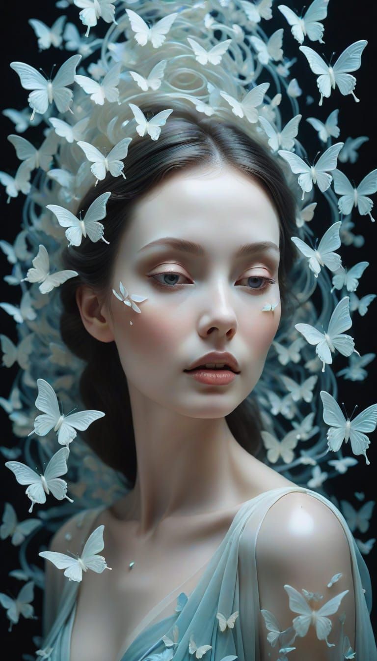 Ethereal Woman Amidst Bioluminescent Butterflies
