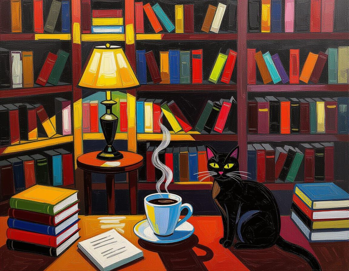 Abstract Expressionist Room with Books, Coffee, and Cat