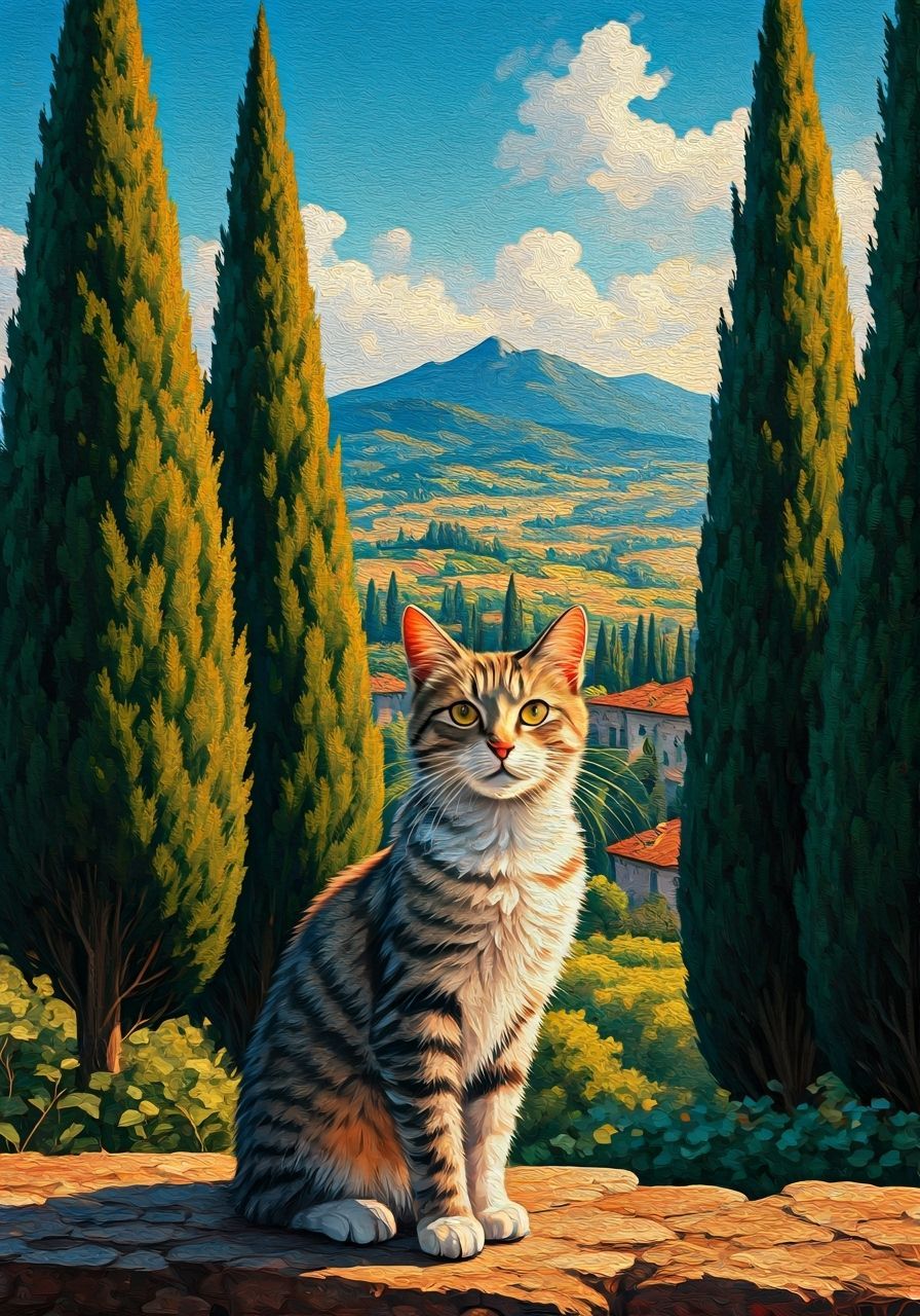 Impressionist Cat in Italian Cypress Landscape