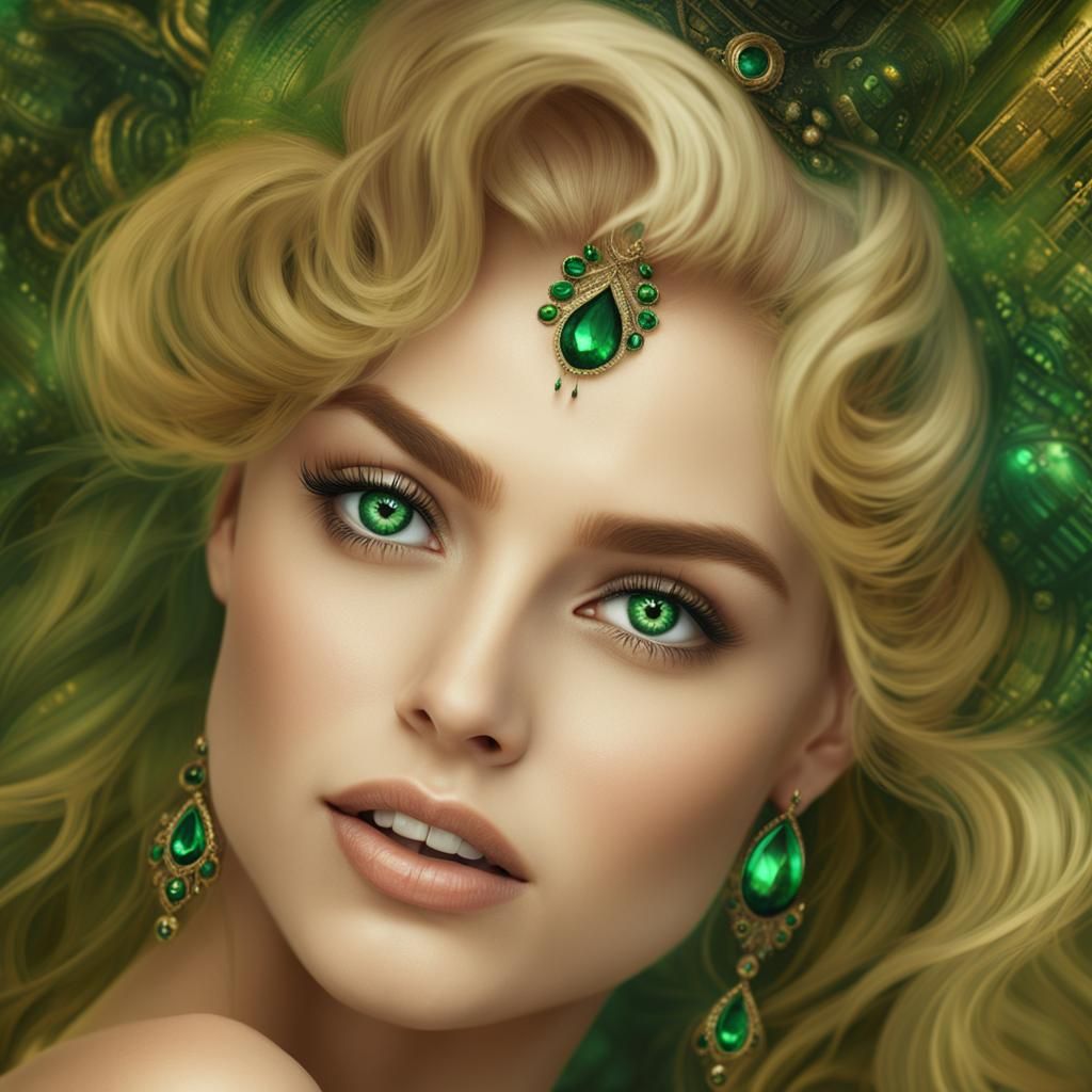 beautiful blond woman, dark green eyes, emerald green eyes, ...