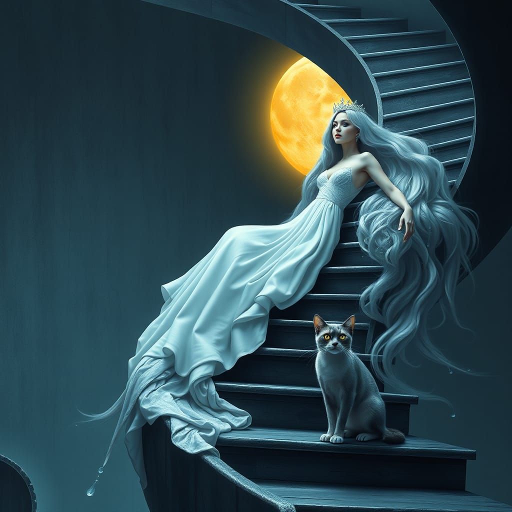 Dreamlike Lady with Waterfall Hair and Cat