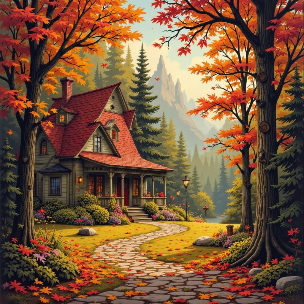 Cozy Autumn Cottage in Golden Forest Light