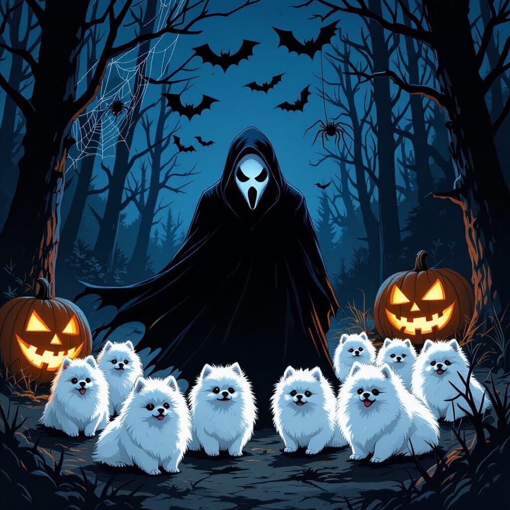 Ghostface with Pomeranians at Spooky Campground