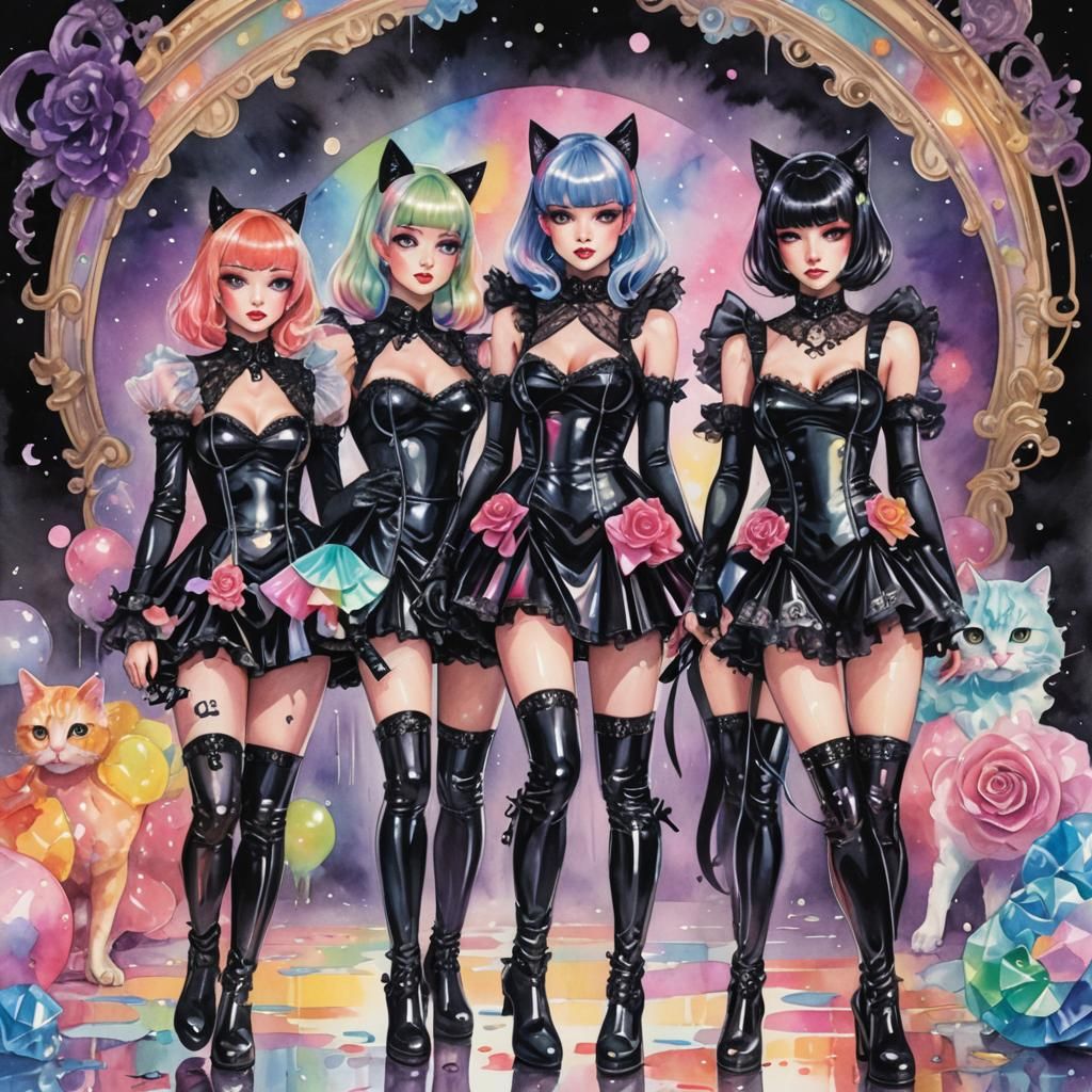 Pastel Kawaii Catwomen in Watercolor Style