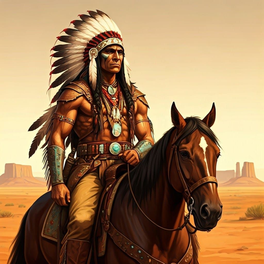 Majestic Indian Warrior on Horse in Vibrant Sunset Landscape
