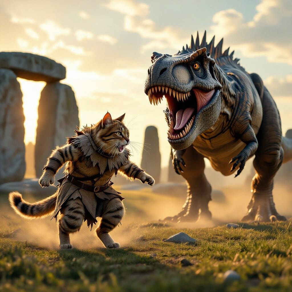 Neanderthal Cat Flees T-Rex Through Stonehenge in Golden Hou...