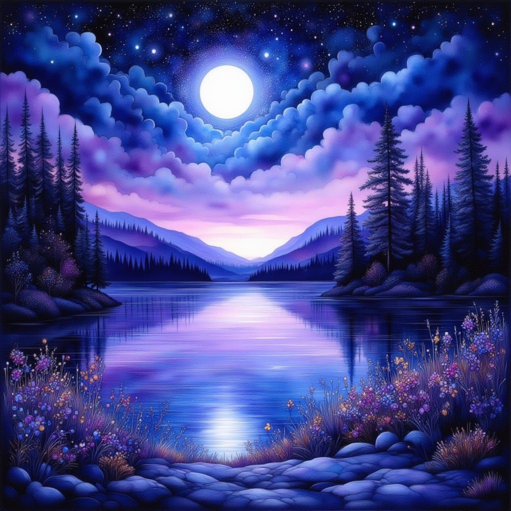 Enchanting Moonlit Lake in Blue and Purple Hues