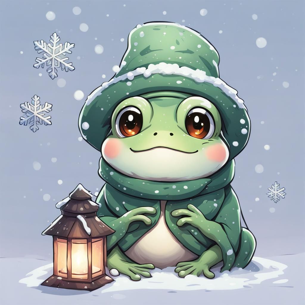 Adorable Winter Frog Cartoon in Anime Style