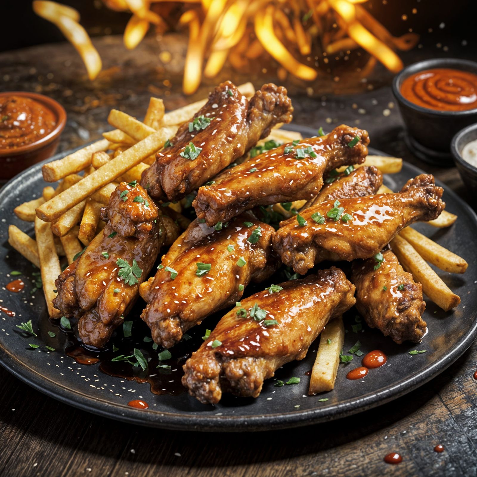 Spicy Chicken Wings and Fries: Hyperrealistic Splash Art