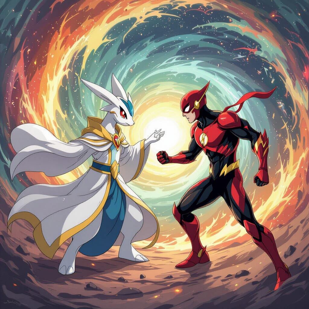Arceus Battles Reverse Flash in Cosmic Vortex