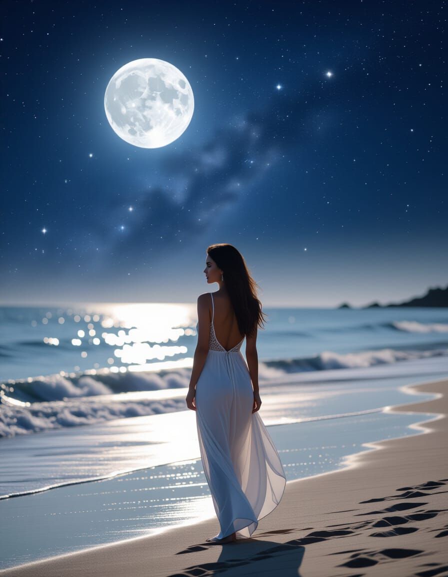 Charcoal Woman on Beach Under Full Moon