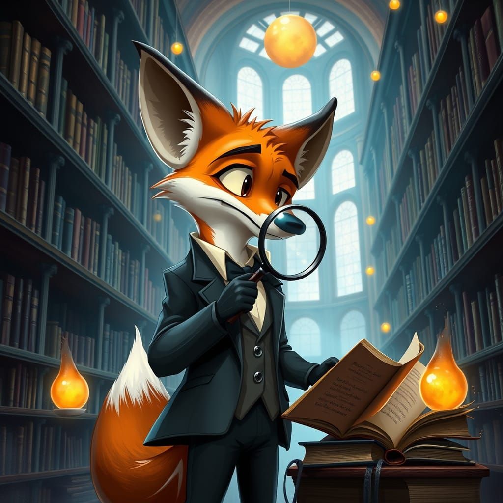 Fox Scholar in Enchanted Library, Disney Style
