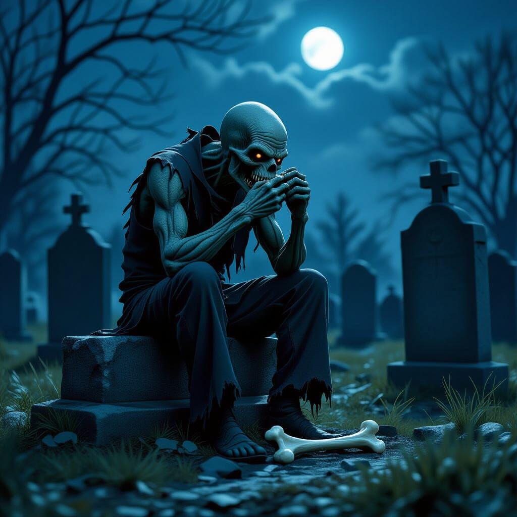 Ghoul Gnawing Bone in Moonlit Graveyard