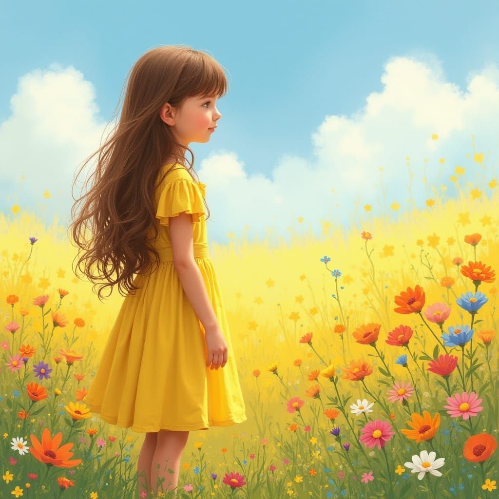 Girl in Wildflower Field, Storybook Illustration