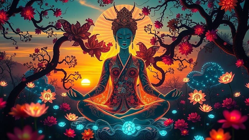 Enchanting GEISHA Goddess in Mystical Sunset Landscape with ...