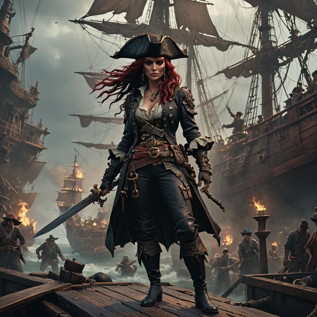 Beautiful Female Pirate Leading Crew in Detailed Matte Paint...