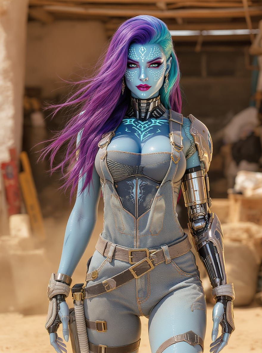 Iridescent Woman with Cybernetic Arm in Sunlit Garage