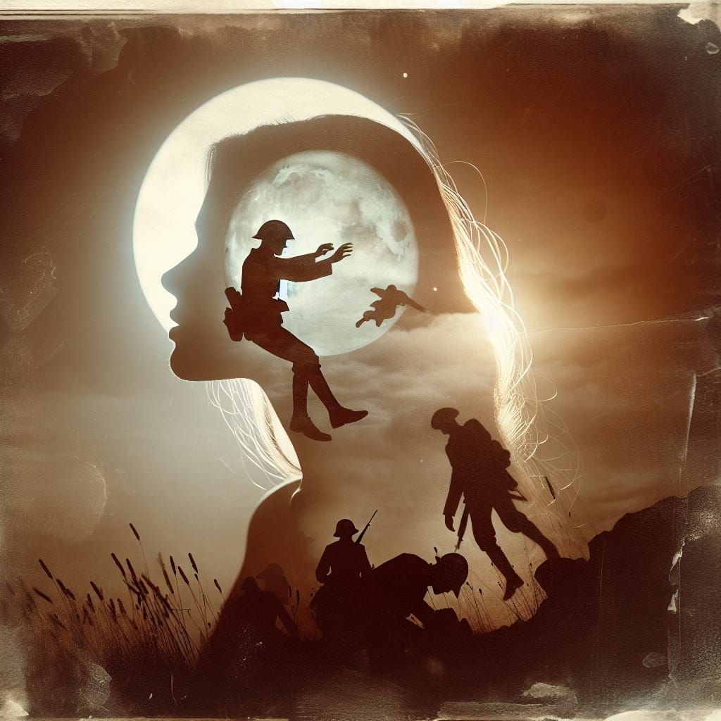 Surreal Double Exposure: Woman and Falling Soldier