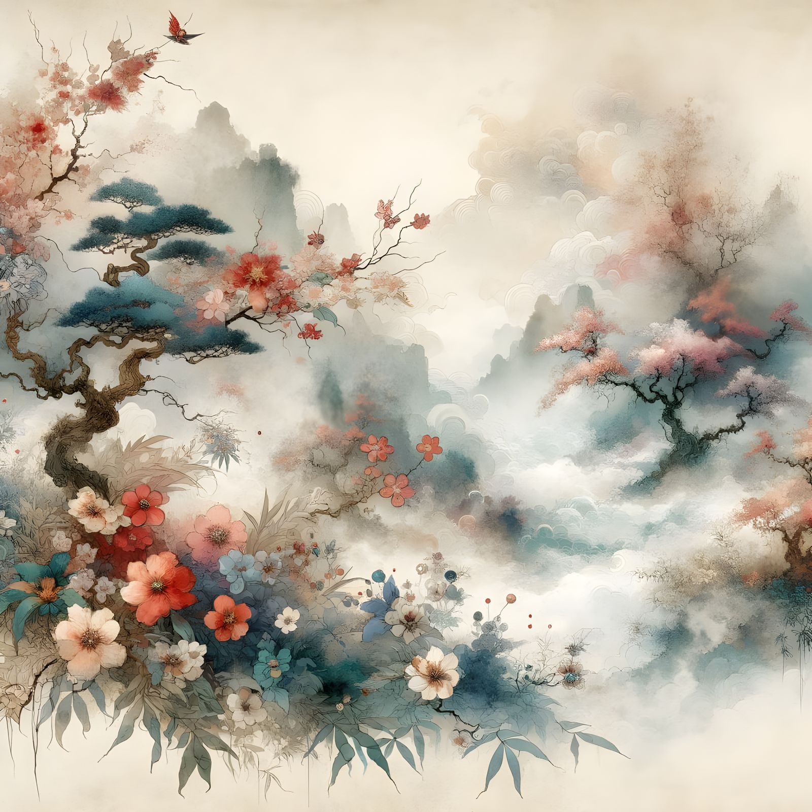 Ethereal Misty Watercolour Flowers in Japanese Style