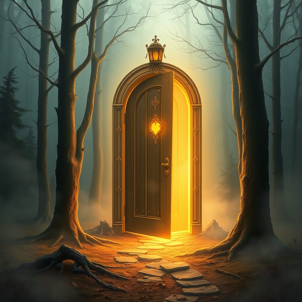 Glowing Door to Eternity in Misty Forest