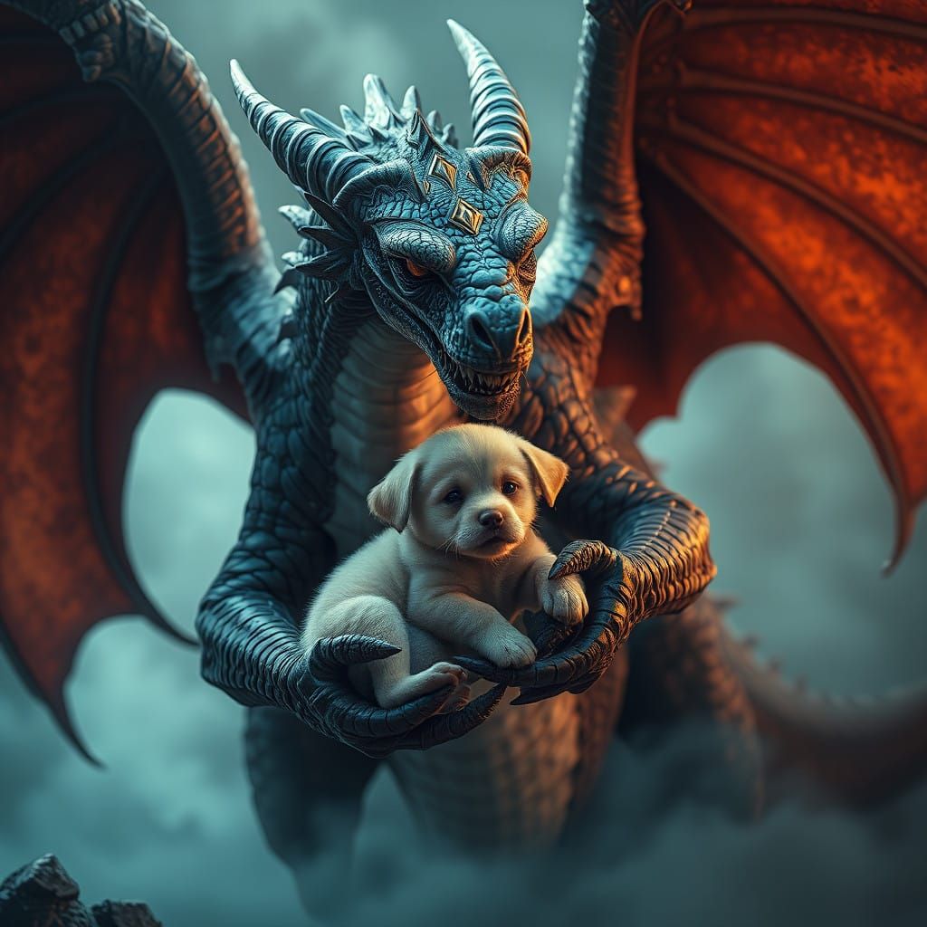 Majestic Dragon Cradles Adorable Puppy in Whimsical Fantasy...