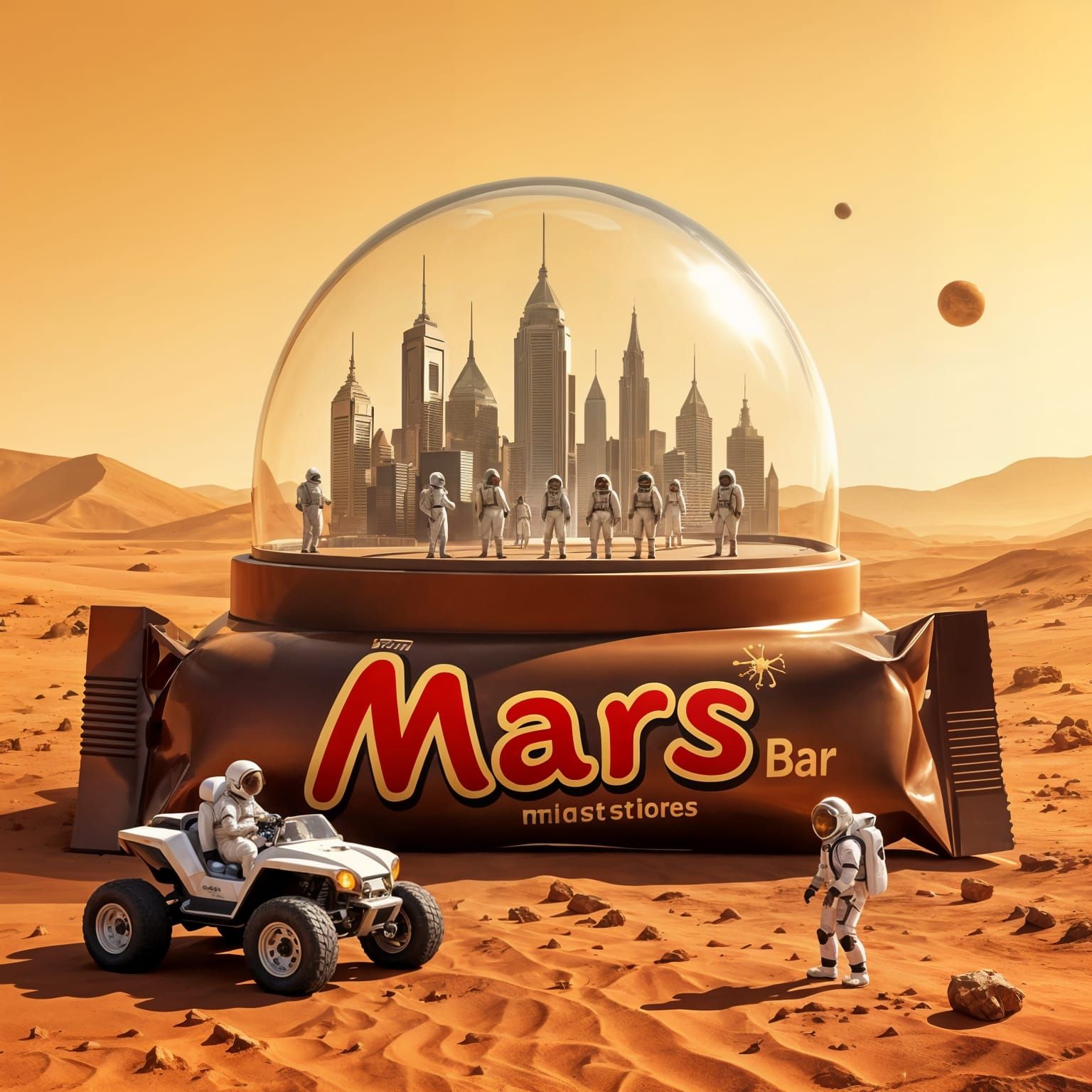 A glass domed City with people inside , martian buggy with a...
