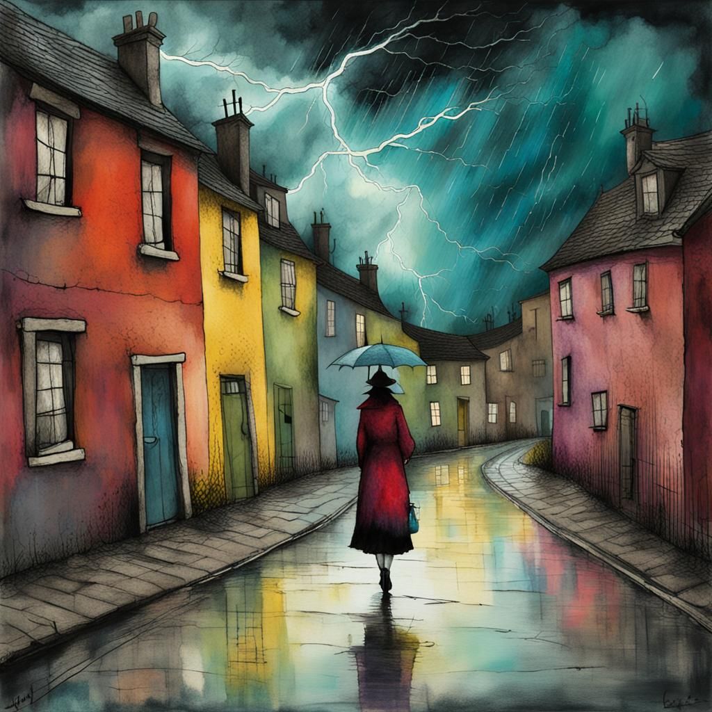 Whimsical Street Scene During Lightning Storm