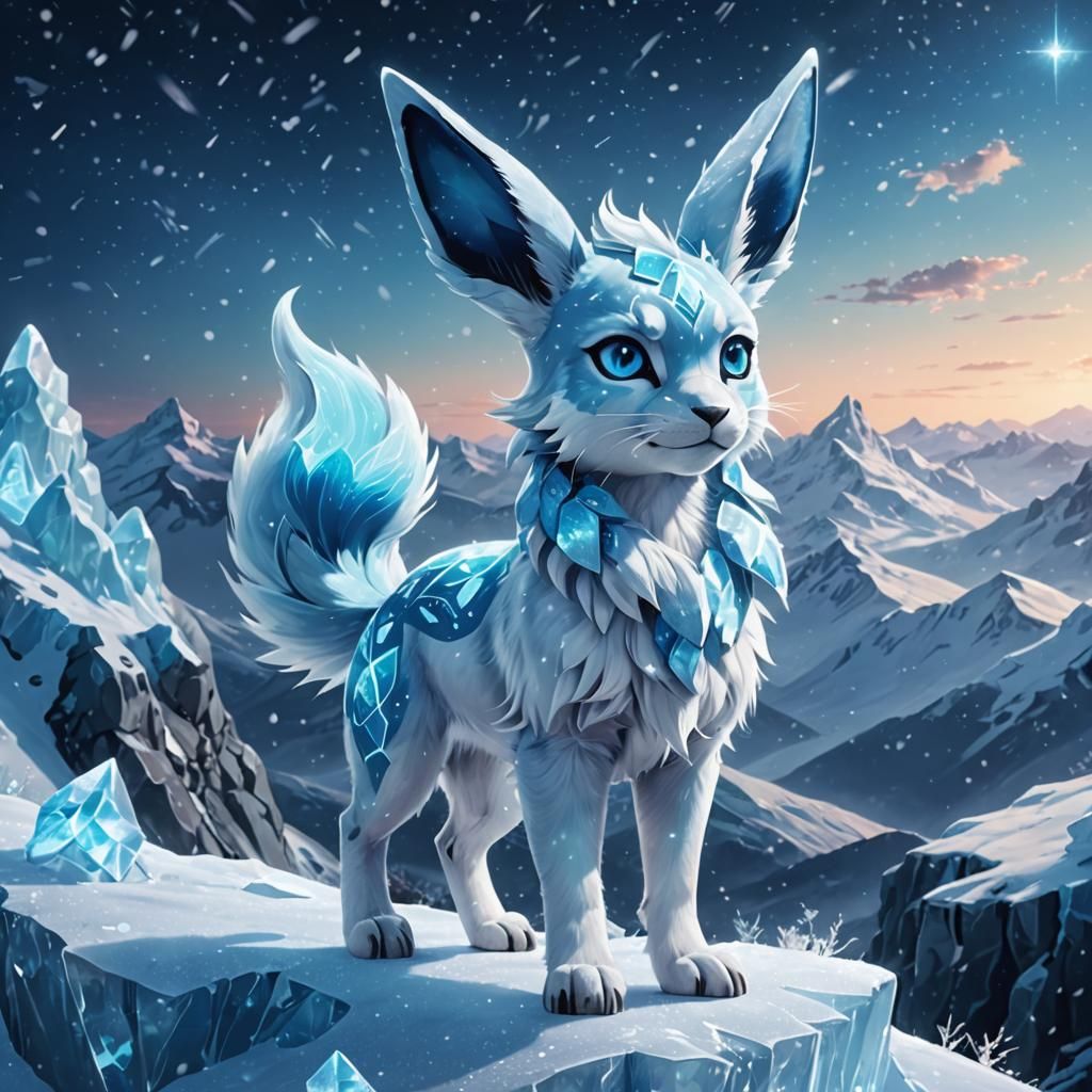 Glaceon on Snowy Peak in Japanese Watercolor Style