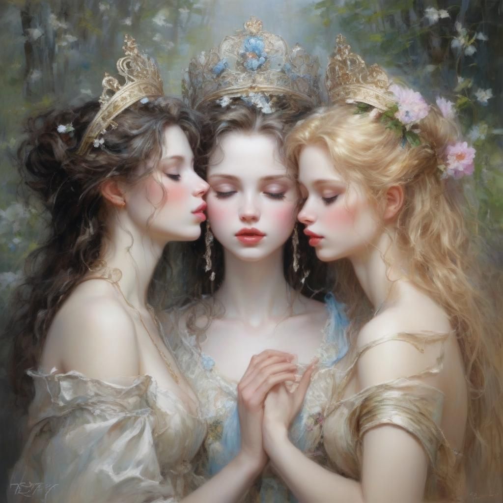 Three Graces Kissing in Spring, Romantic Fantasy