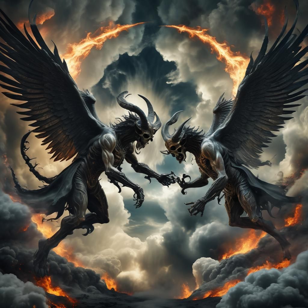 Archangel and Demon Face-Off in Surreal Vortex