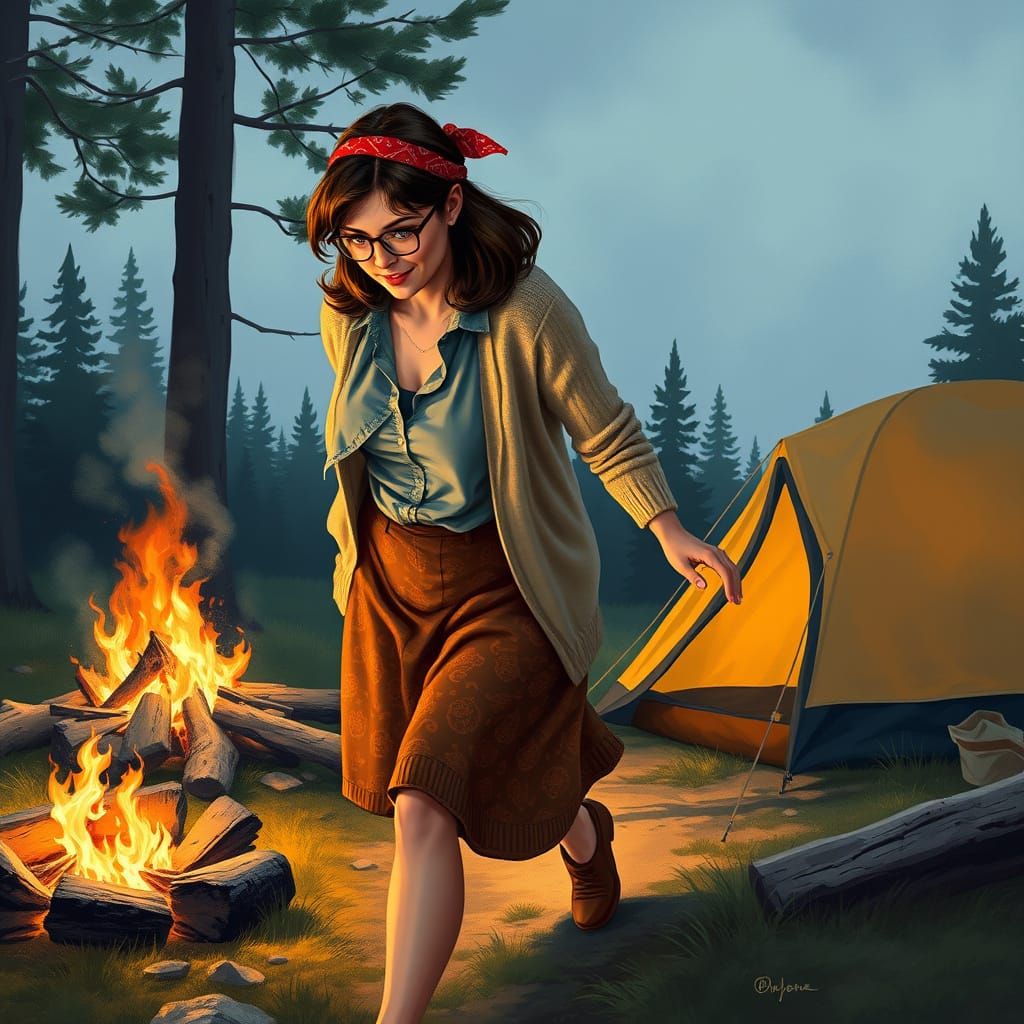 Woman near Campfire in Rockwell Style
