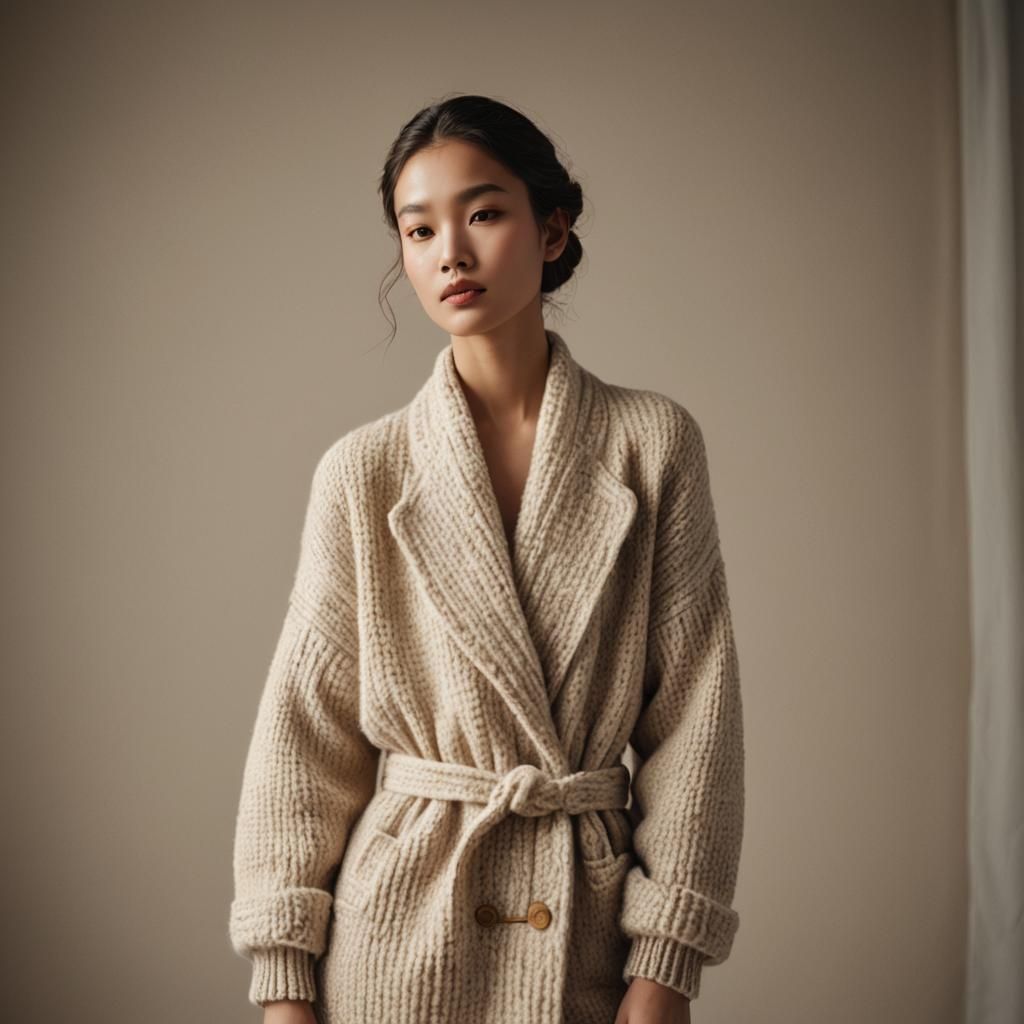 High-Fashion Woolen Figure in Serene Studio Setting