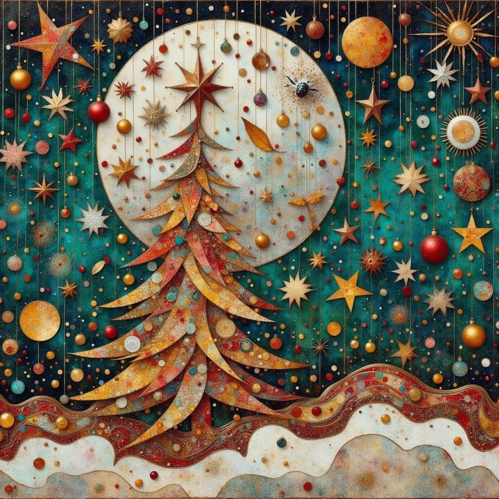 Surreal Steampunk Moonlit Scene with Stars and Clouds