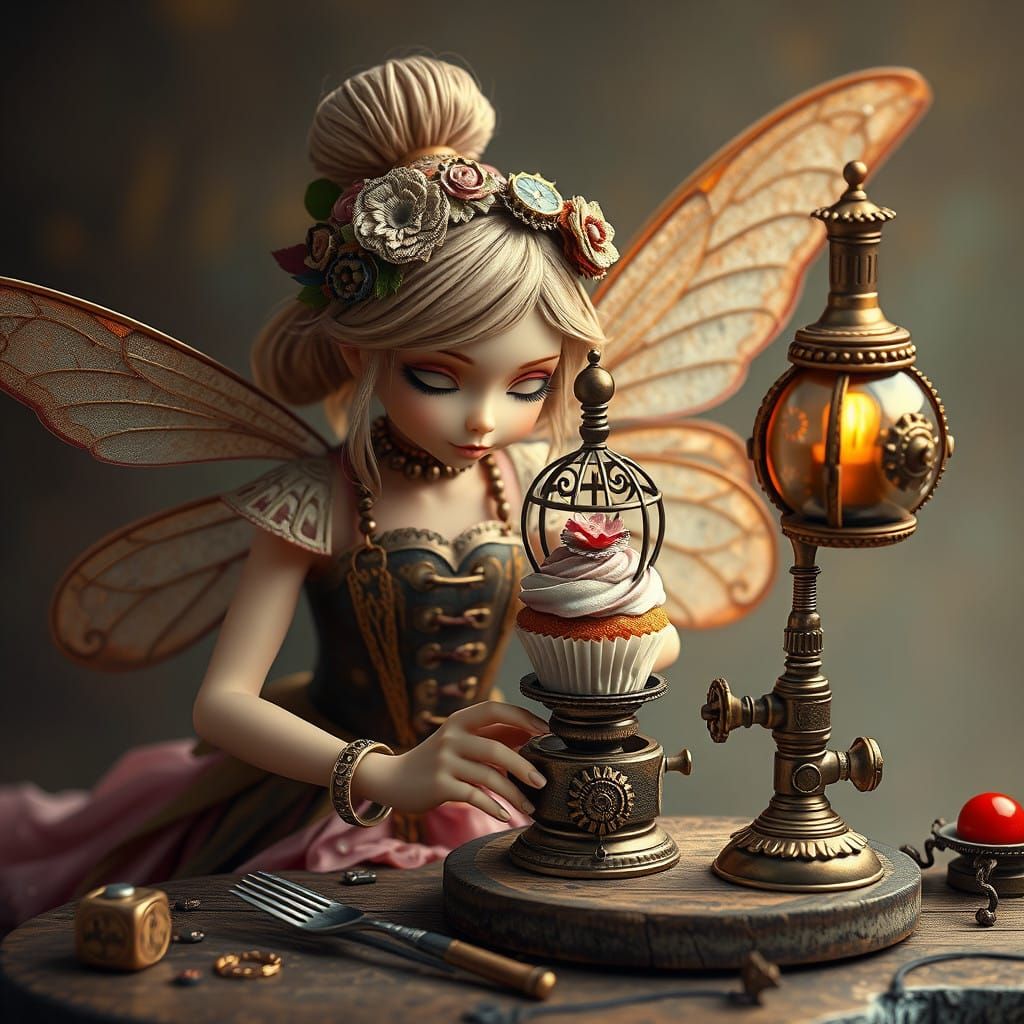 Steampunk Fairy Tinkers with Cupcake Machine