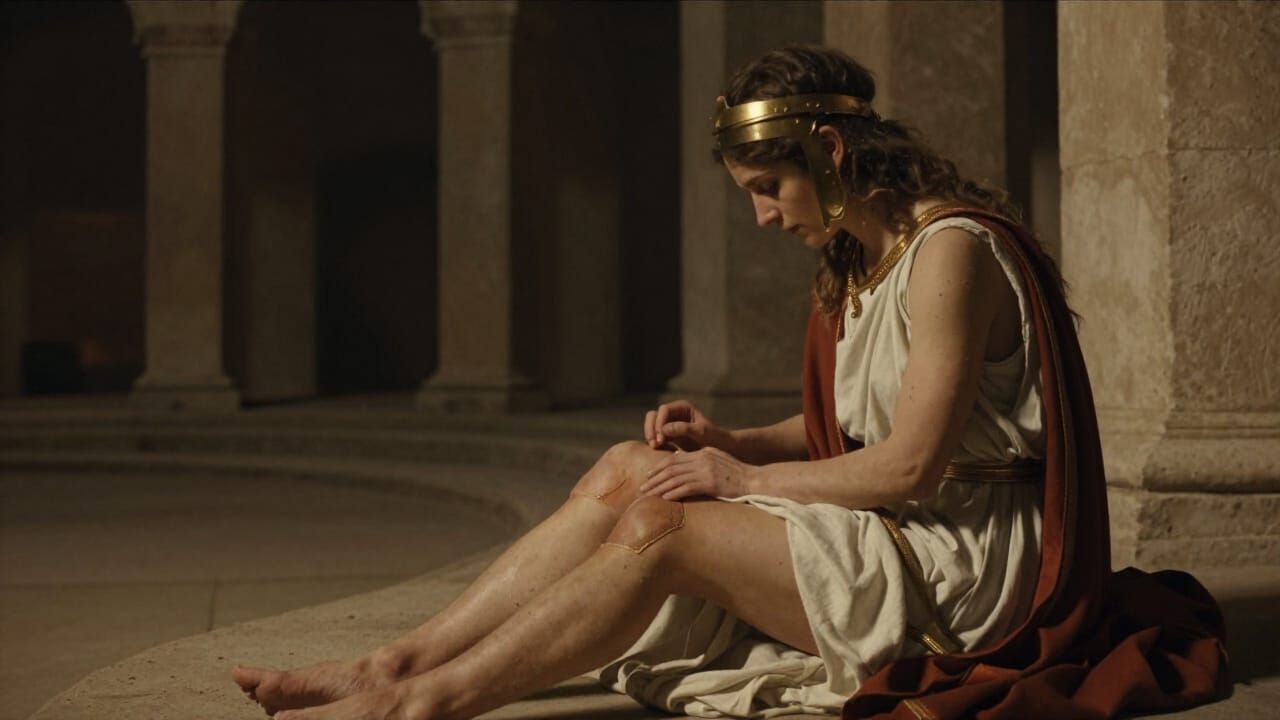 Gladiator Woman Tends Wounds in Colosseum