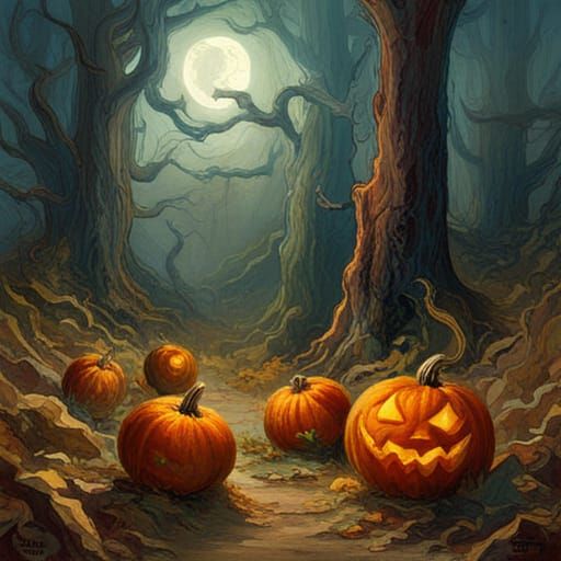 Horror Autumn Forest with Pumpkins in Red and Aqua