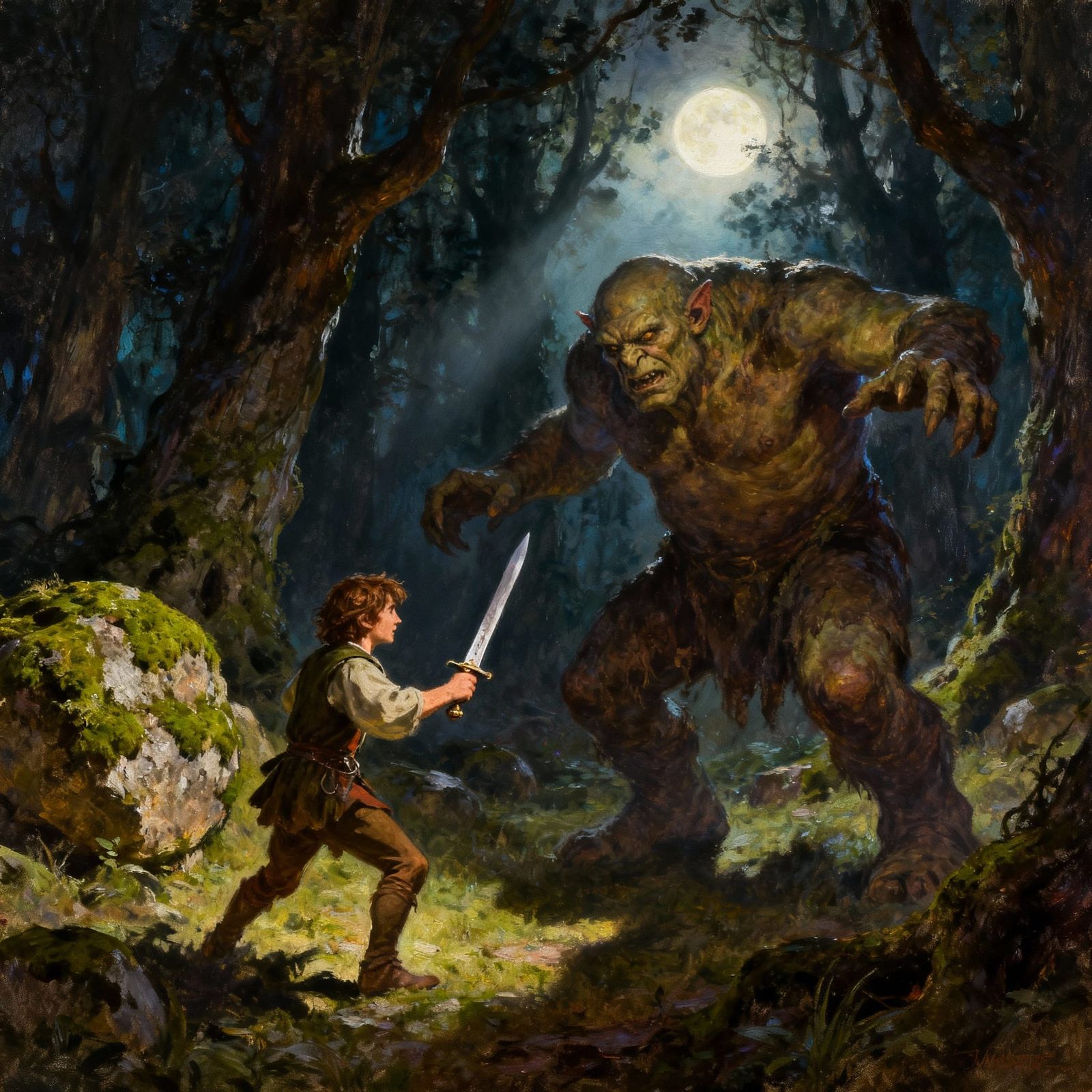 Hobbit Battles Grotesque Troll in Moonlit Forest