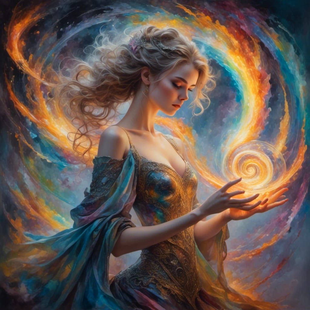 Beautiful Sorceress in Rainbow Flames: Ethereal Fantasy Art