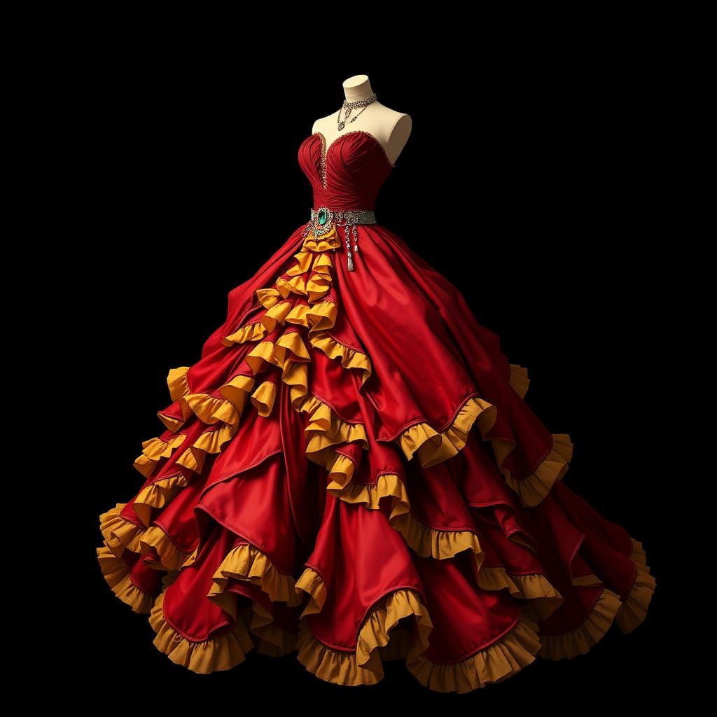 Elegant Ball Gown with Crimson Ruffles and Black Sash, Fanta...