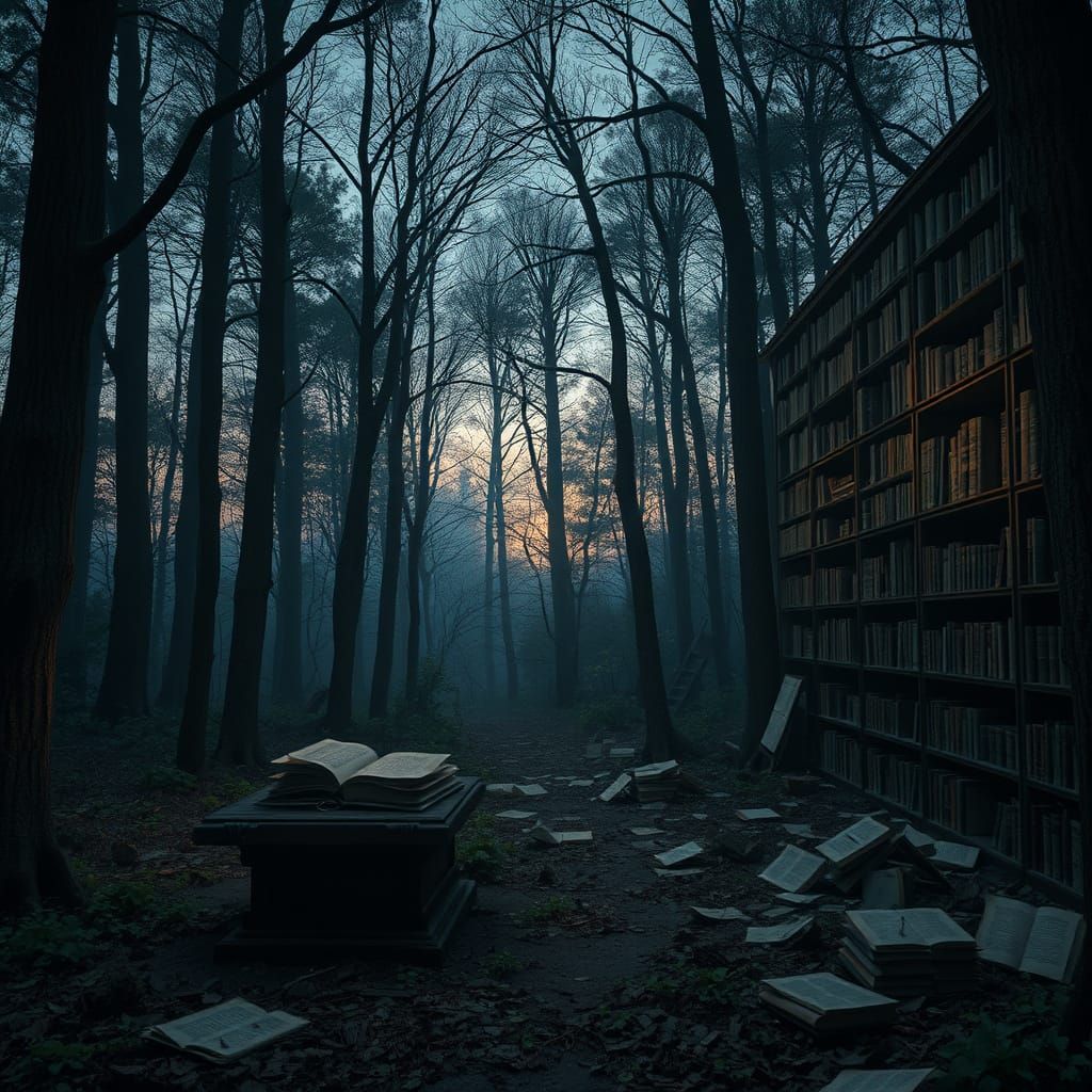 Mystical Forest Library at Dusk in Vibrant, Intricate Detail