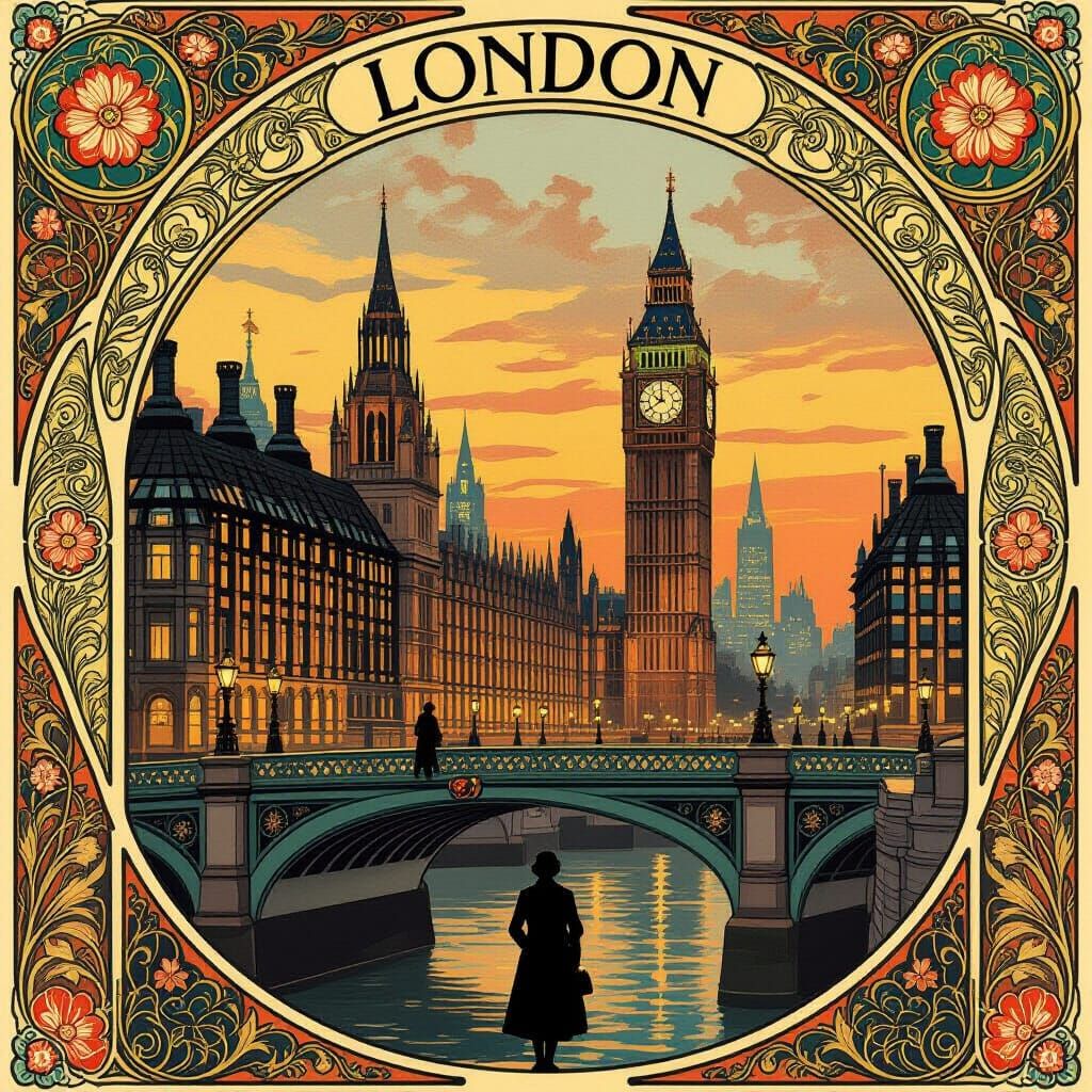 Art Nouveau London at Dusk with Floral Architecture
