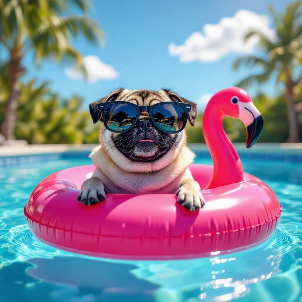 Cool Pug Relaxing on Flamingo Floatie in Sunny Pool