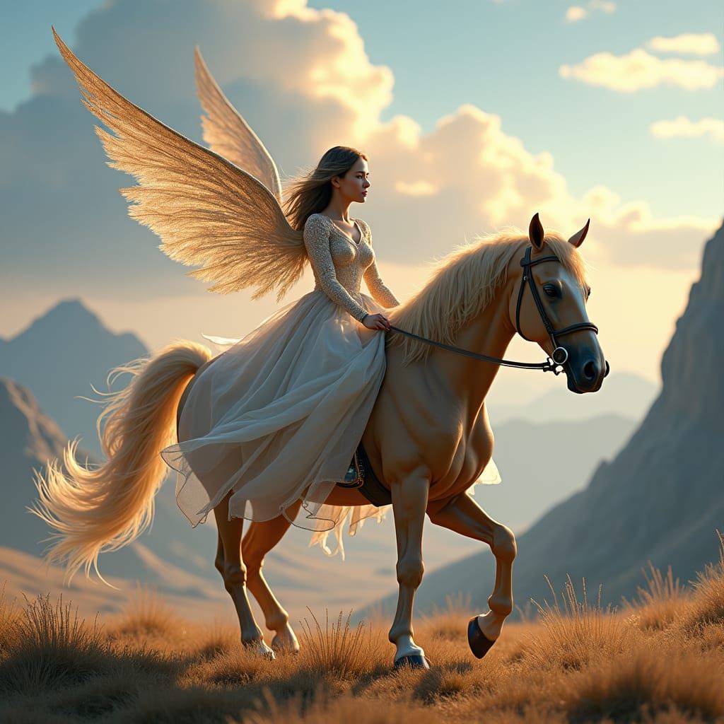 Winged Woman Rides Golden Horse in Colorful Landscape