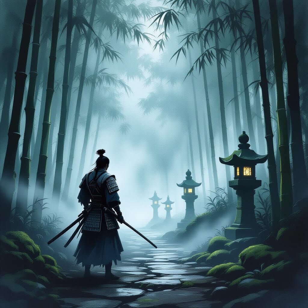 Samurai Warrior in Foggy Bamboo Forest