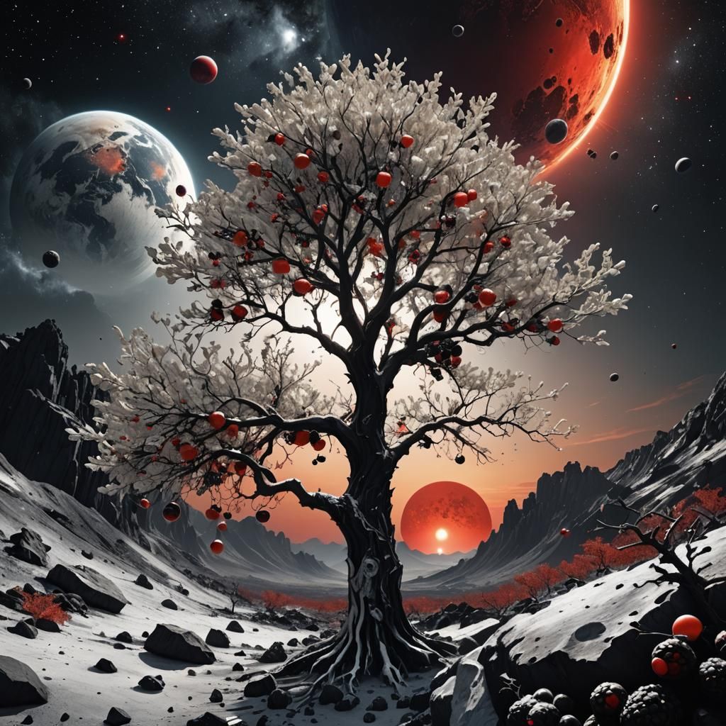 White Tree with Black Fruits in Space